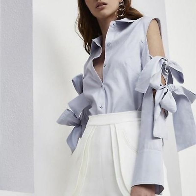 Off Shoulder Lapel Bow Bandage Long Sleeve Blouse