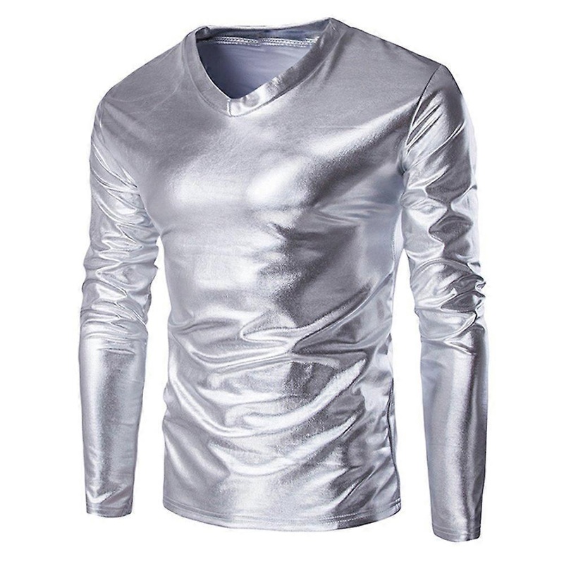 FaonKeen Men’s Metallic Shirts Long Sleeve Shiny Wet Look Tunic Tops VNeck