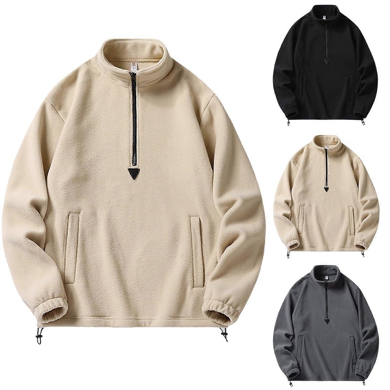 Fleece Pullover Men Winter Long Pullover Sports Jacket Windproof Plush Jacket Warm Sweatshirt Microfleece Khaki XL