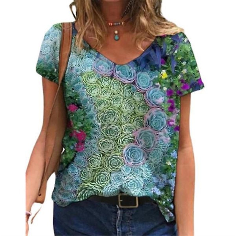 2022 New Brand Women’s Casual Close-fitting Bottoming Shirt Urban Commuting Loose Type Pullover Printing Short Sleeves