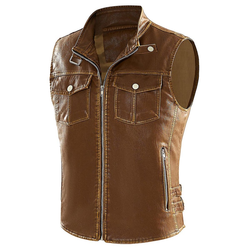 Cloudstyle Men’s Stand Collar Multi Pocket Pu Leather Zip Vest