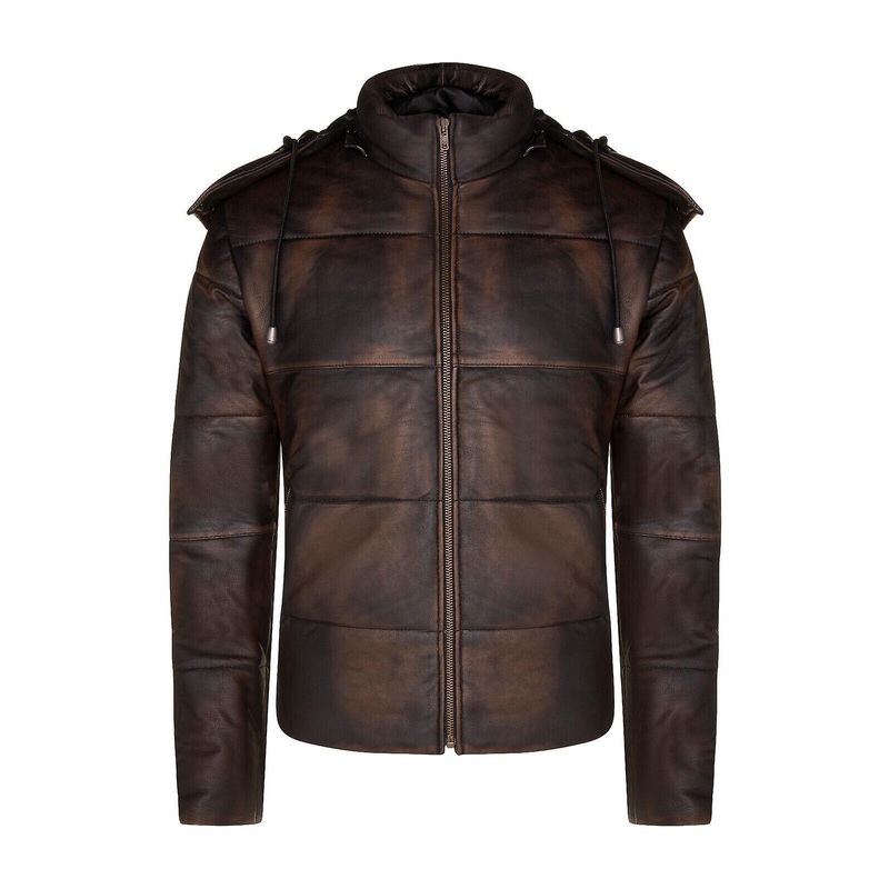 Men’s Vintage Brown Puffer Leather Hooded Bomber Jacket