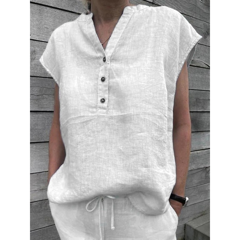 Women Summer V Neck Sleeveless Tank Top Ladies Casual Loose Linen Button T-shirt
