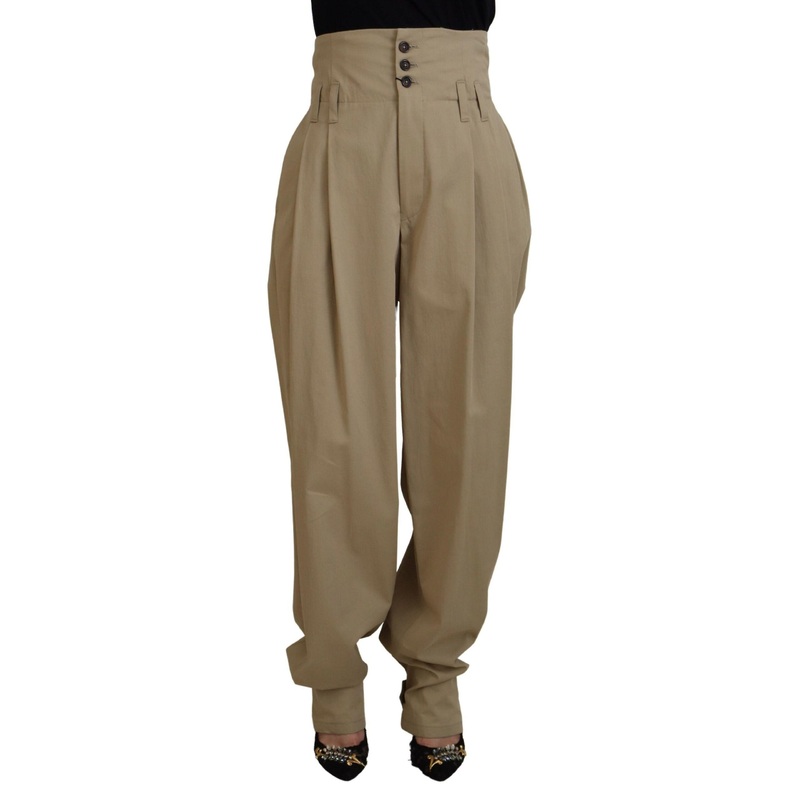 Brown Cotton High Waist Tapered Pants