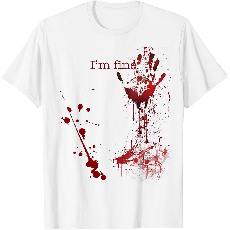 I’m fine  Shirt Men’s Halloween T-Shirt Short Sleeve Crew Neck T-Shirt with Bloody Printed