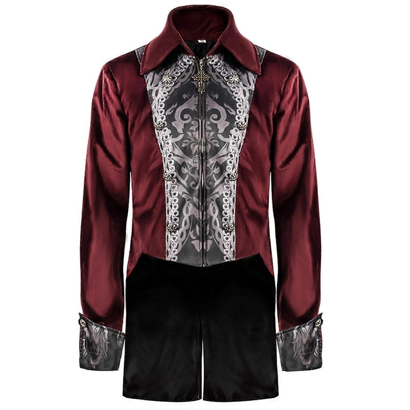 Men’s Retro Tailcoat Foldable Long Sleeve Jacket Court Style Black Red Gothic Dress Size XL