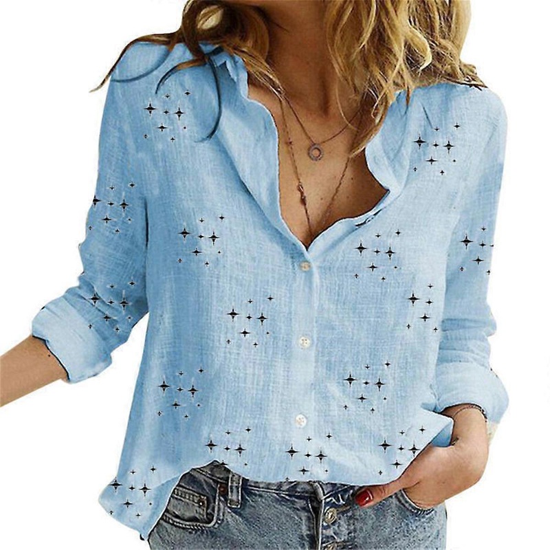 Solid Shirts For Women Casual Loose Oversized Blouses Female Tops Stars Blue