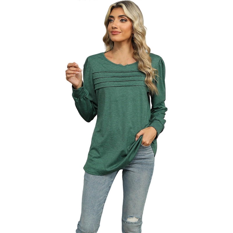 Women’s Crew Neck Loose Jumper Elegant Long Sleeve Shirt Women’s Super Soft Touch Loungewear Plain Scoop Neck with Ruffle and Long Sleeves Green S