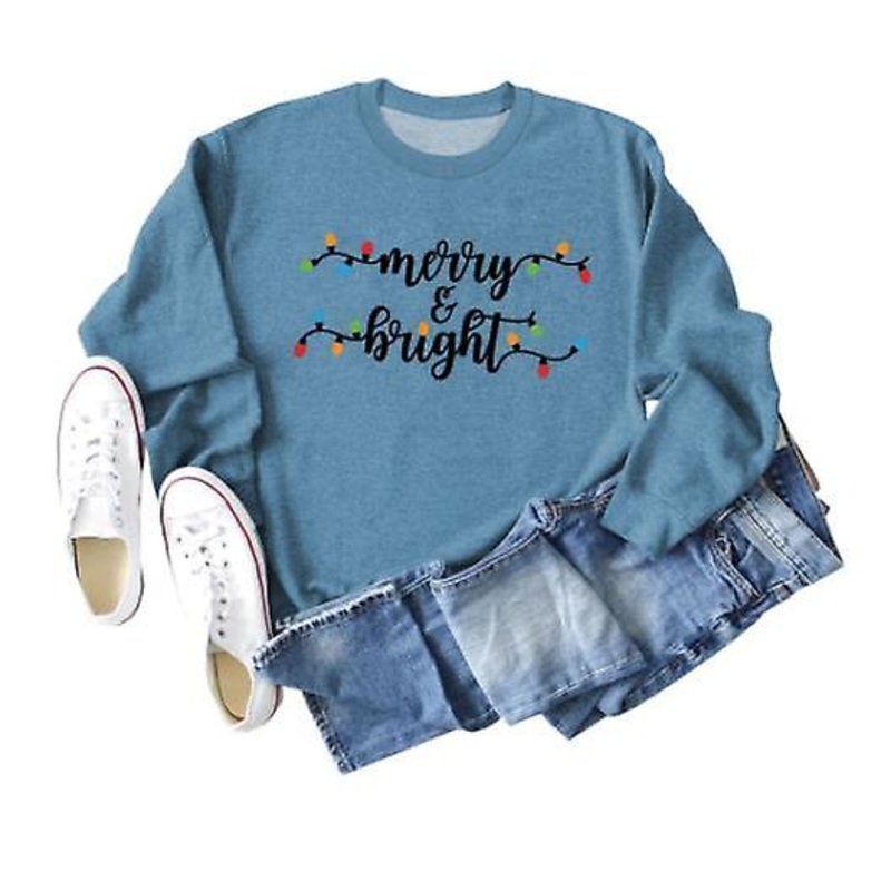 Autumn Winter Sweatshirt Ladies New Arrival Christmas Loose Long Sleeve Ladies Fashionable Merry Bringht Letter Print Casual Round Neck Tops