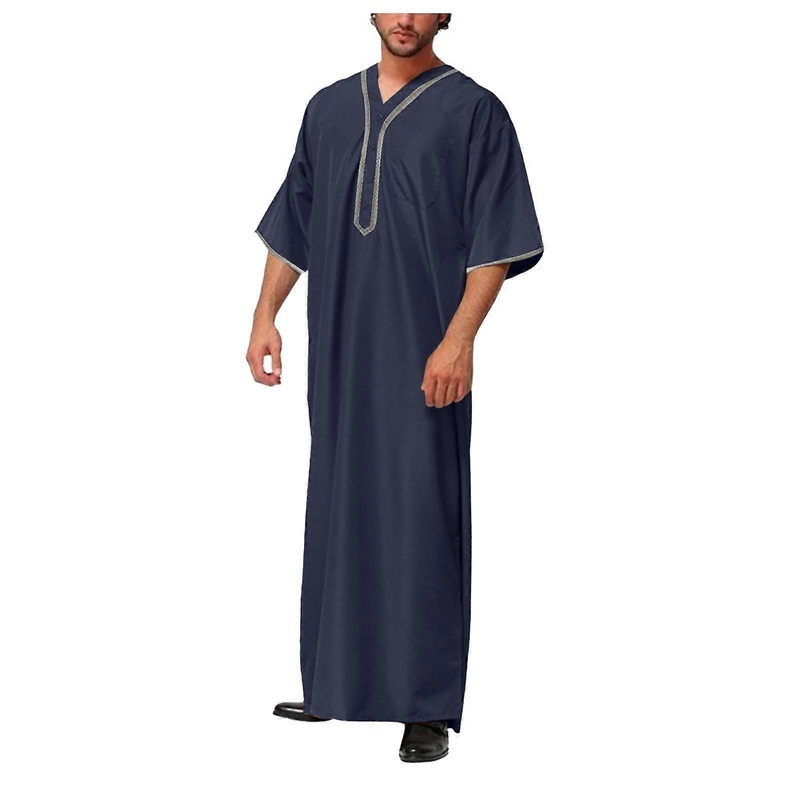 Kaftan Men’s Long Sleeve Thobe Vintage Long Abaya Casual Prayer Clothing Navy XL