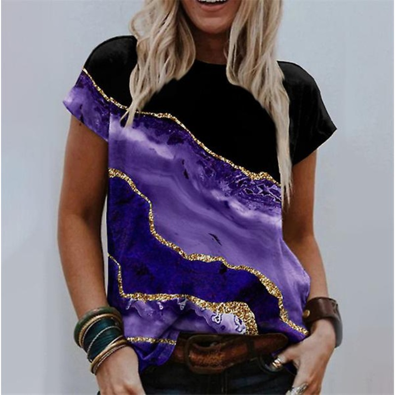 2022 New Brand Fashion Women 3d Printing Floral Collection Abstract Painting Round Neck Short Sleeve T-shirt Top