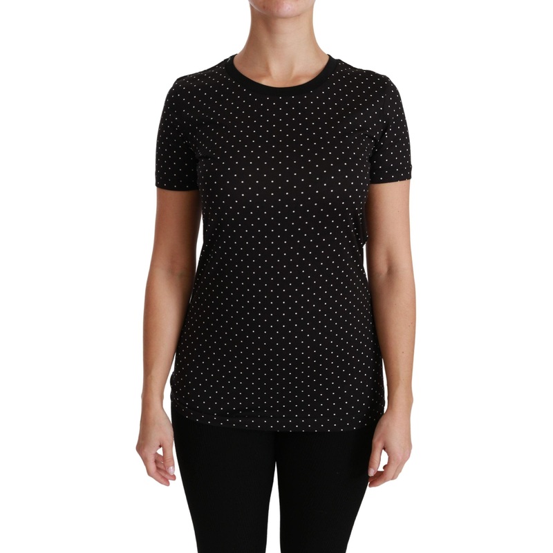 Black Dotted Crewneck Cotton Top T-shirt