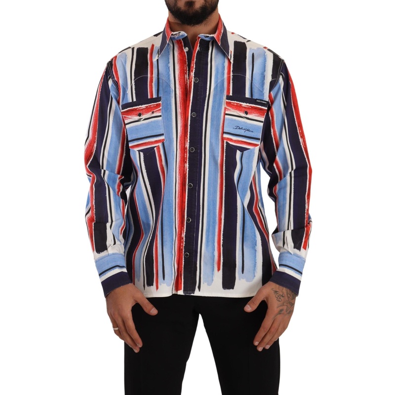 Dolce & Gabbana Red Striped Long Sleeve Cotton Shirt Blue