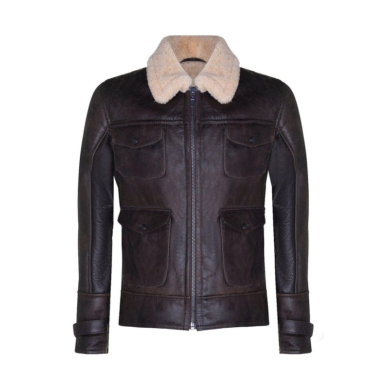 Men’s Brown Sheepskin Real Shearling Classic Safari Leather Jacket