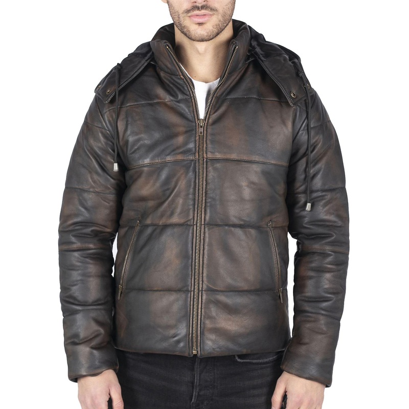 Men’s Puffer Hood Jacket Real Leather Casual Retro 80s Classic Casual