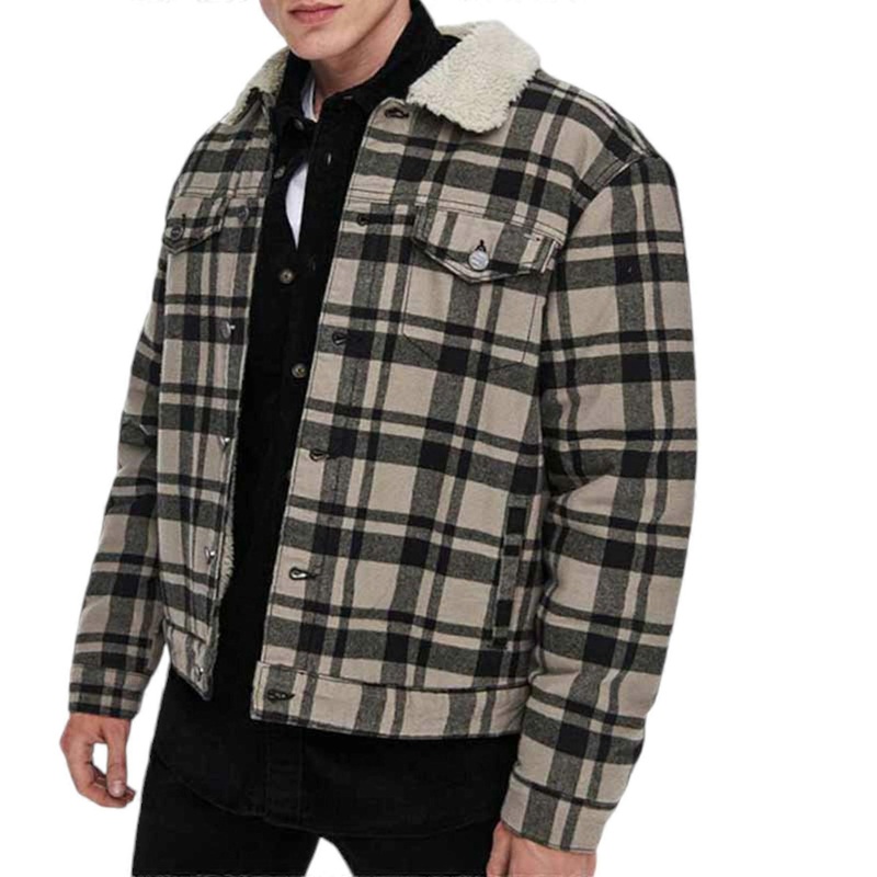 Mens Winter Jacket Fur Collar Fleece Lumberjack Check Shirt