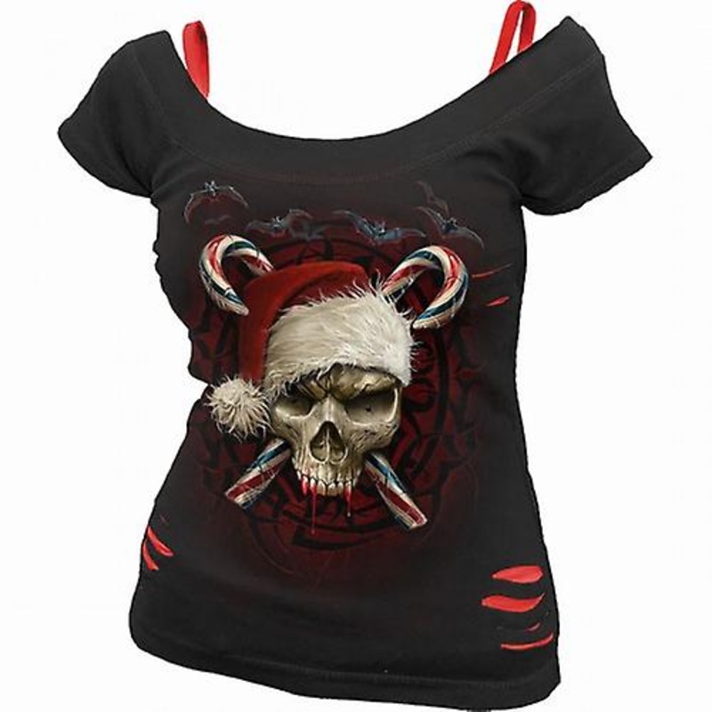 Spiral Direct Womens/Ladies Candy Cane Santa Ripped Short-Sleeved Top