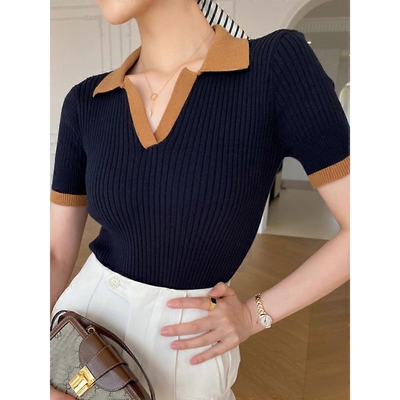 Women’s T-shirt Polo Collar Short Sleeve Fashion Blouses 2022 Female Slim Knitted Tee White Skinny Casual Women Summer Tank Top