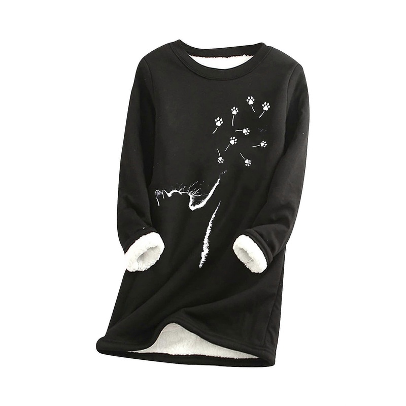 Women Sherpa Polar Knee Sweater Crew Neck Sweatshirt Plus Size Cat Claws Design