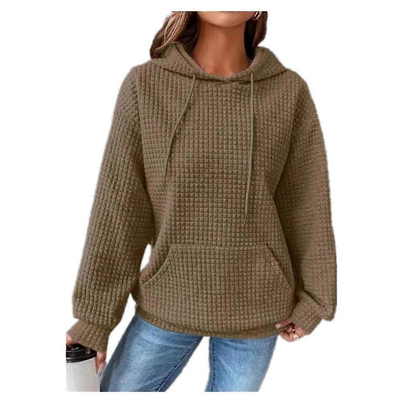 Commuting Spring Autumn Loose Hooded Long Sleeve Panel Pullover Women XL Coffee Color