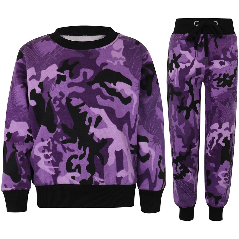 Kids Girls Camo Purple Tracksuit Sweatshirt Set