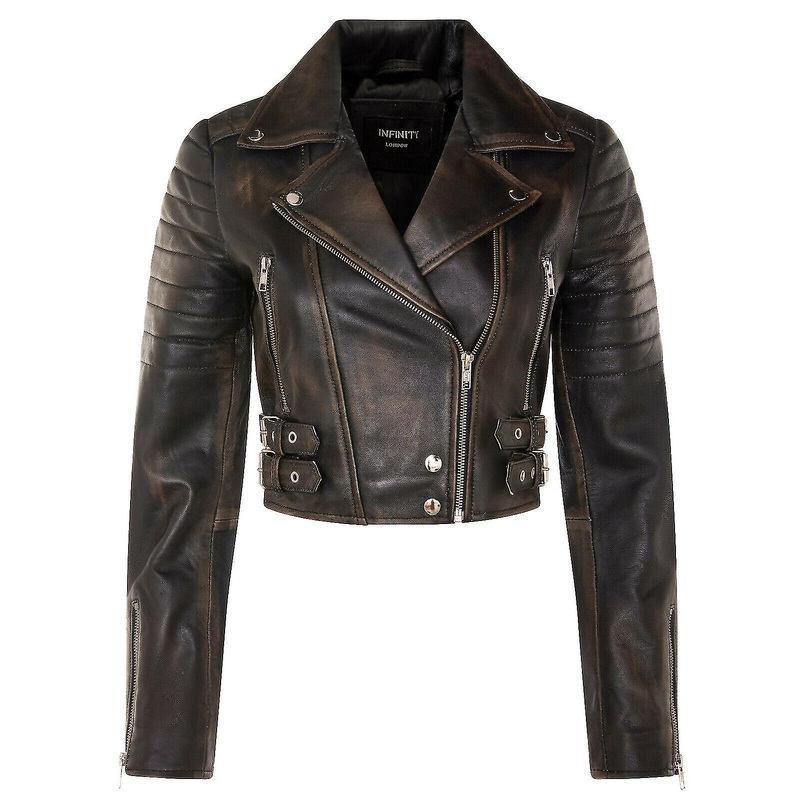 Ladies Cropped Jacket Short Body Gothic Top Vintage Black Chic Biker Real Leather Jacket