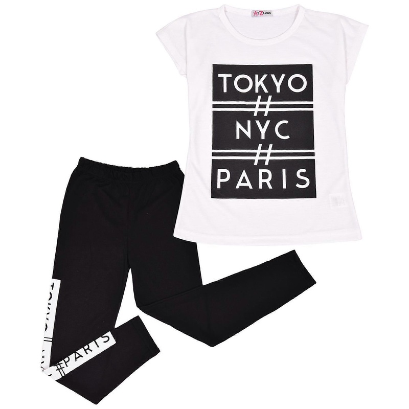 Girls Tokyo, NYC, Paris Print Black T Shirt Top & Legging Set