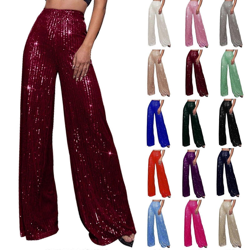 Glitter Trousers High Waist Wide Leg Palazzo Pants Women Casual Vintage Straight Leg Khaki XXL for Party Festival Club