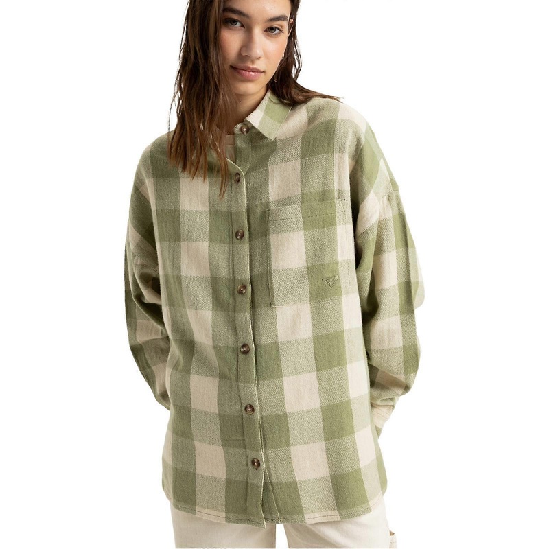 Roxy Womens Lets Get Away Long Sleeve Shirt Button Up Checked Plaid Loose Fit