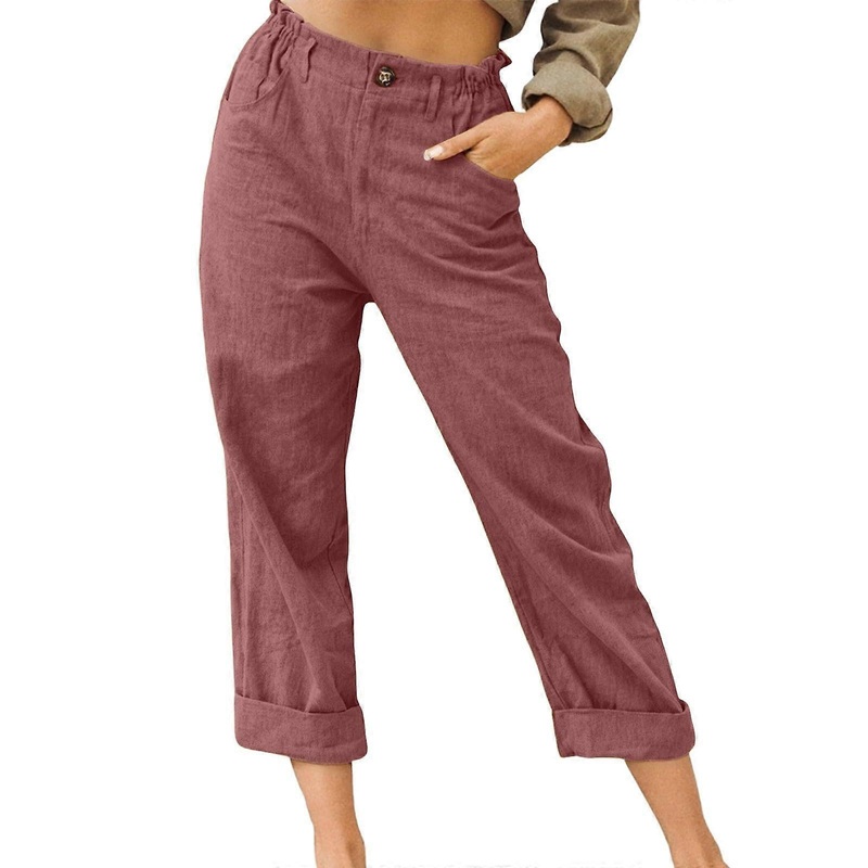 Summer Pants Women Light Linen 7/8 Wide Beach Cotton Linen Airy Casual Elegant Relaxed S O Wine