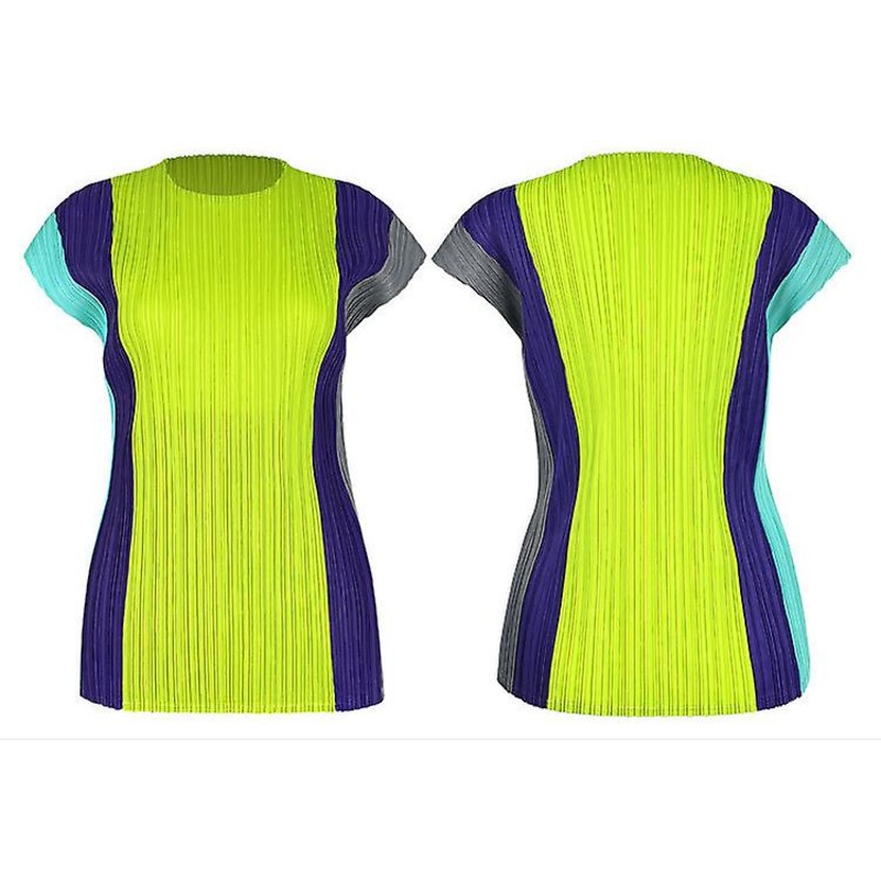 Women’s Summer Color Matching Pleated Top Short Sleeve Fashion Crew Neck