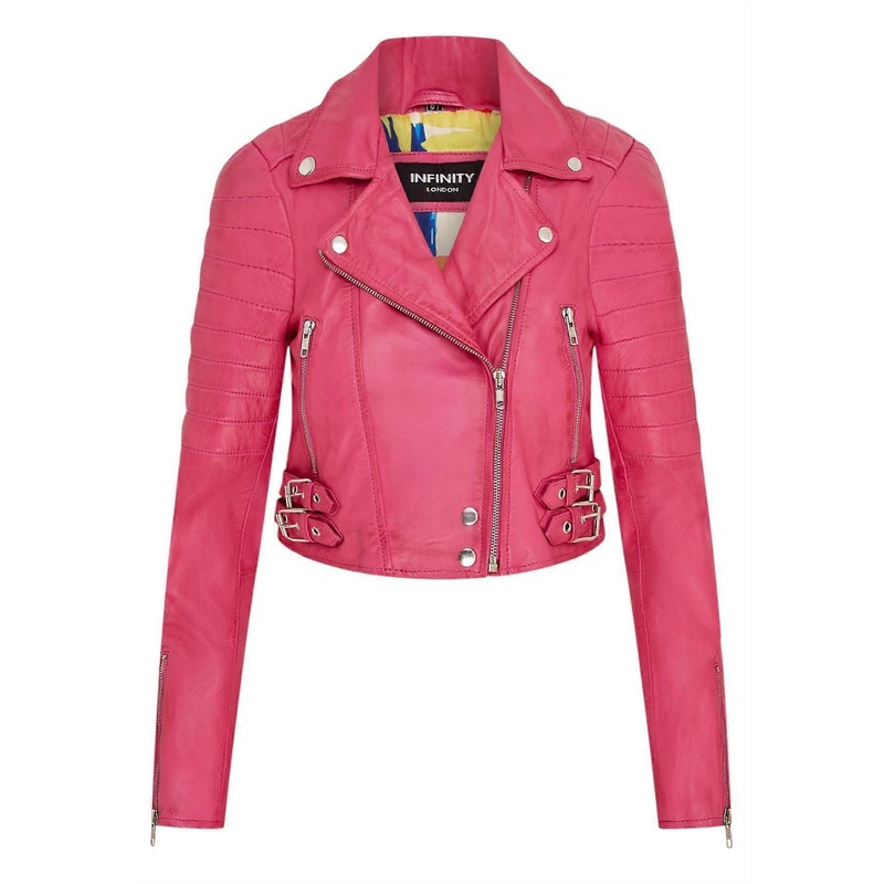 Ladies Cropped Jacket Short Body Gothic Top Fuschia Pink Chic Biker Real Leather Jacket
