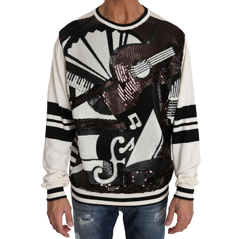 White Jazz Sequined Guitar Pullover Top Sweater