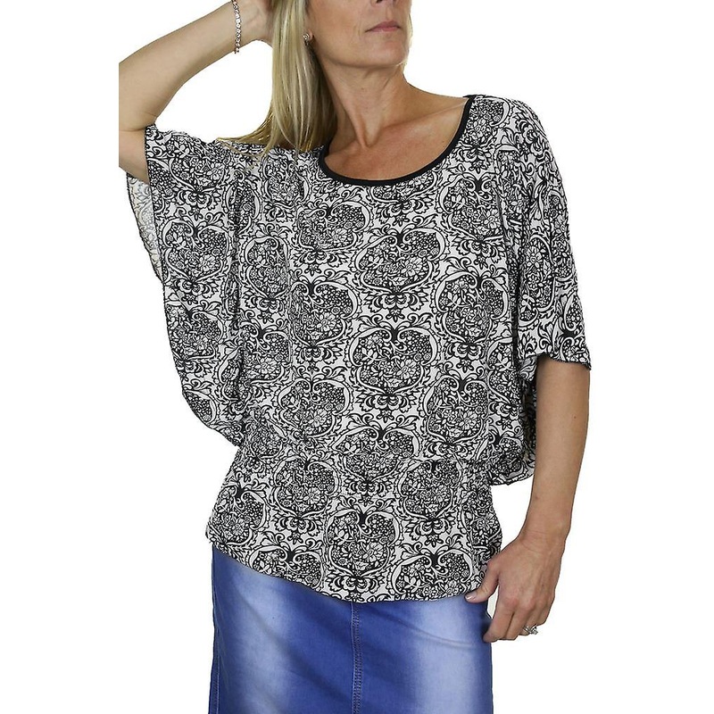 Women’s Smart Casual Batwing Sleeve Blouse Ladies Print Elasticated Waist Scoop Neck Tunic Top 10-18