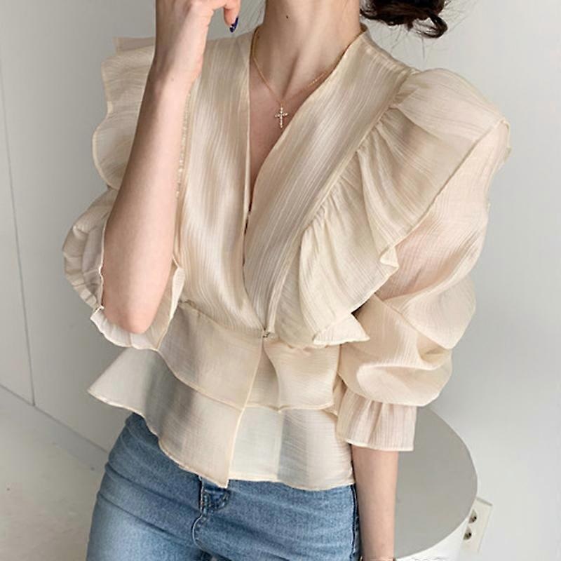 Fashion Vintage Chiffon Blouse Women 2021 New Puff Sleeve Ruffles V-neck Shirt Women Silm Casual Womens Blouses Tops