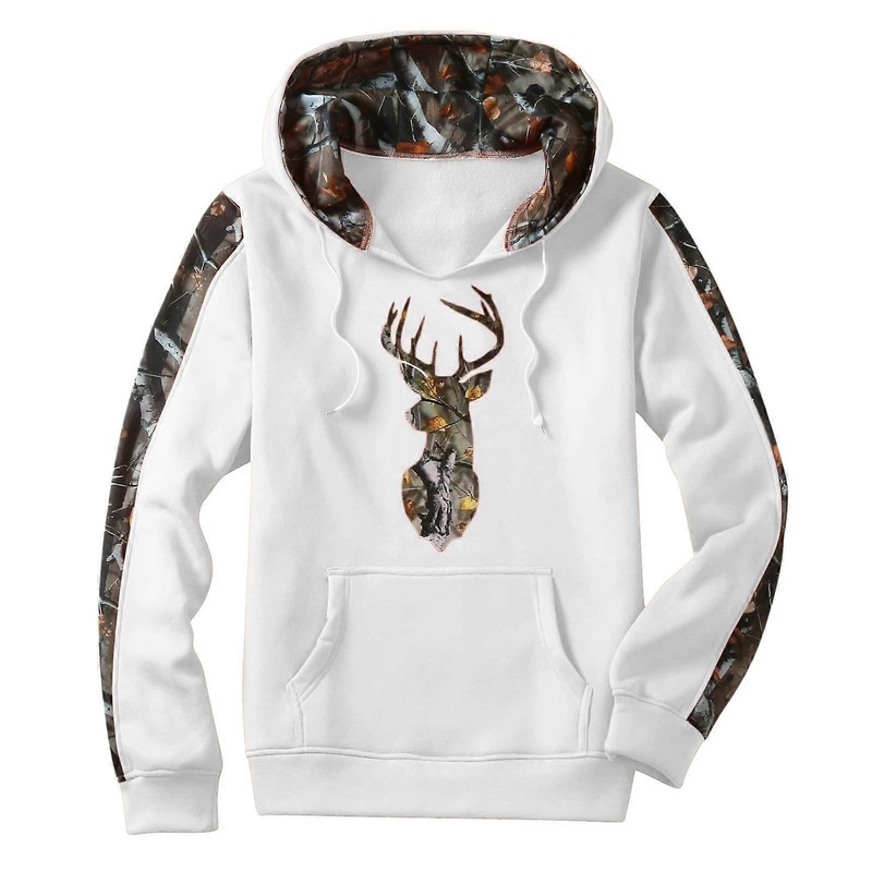 Oversized Hoodie Camouflage Elk Design for Men, Casual Fashion Sweatshirt with Hood, Long Sleeve, White, XXL