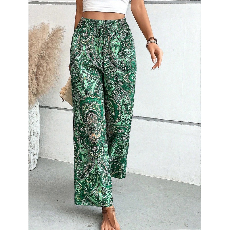 Random Print Elastic Waist Pants Casual Shirred Pants For Spring & Fall Women’s Boho Trousers