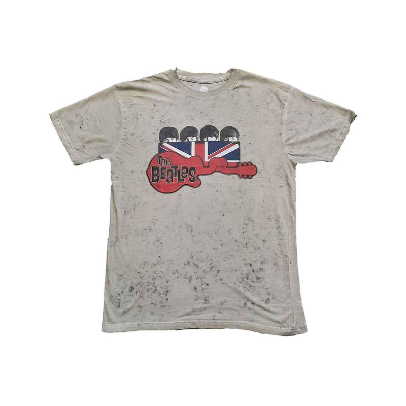 The Beatles Guitar And Flag Snow Wash T Shirt