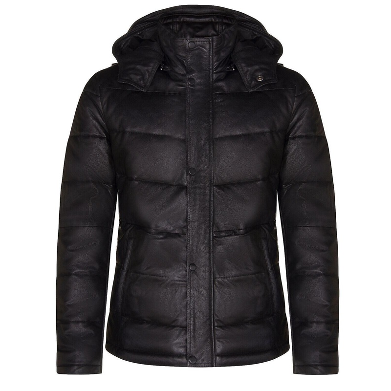 Men’s Black Puffer Leather Hooded Jacket