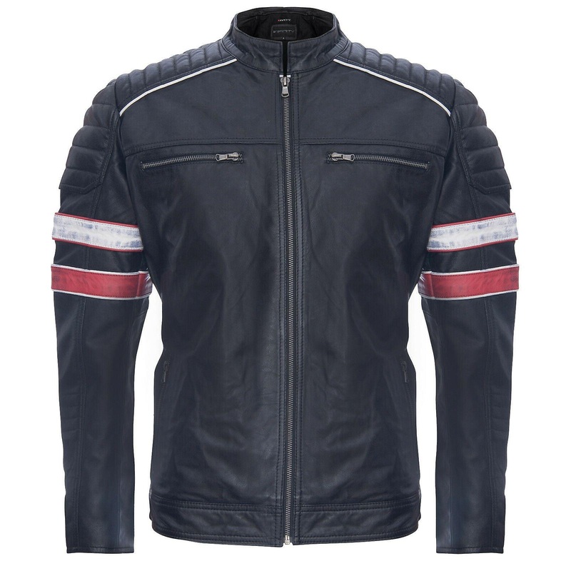 Mens Black Leather Striped Retro Biker Jacket
