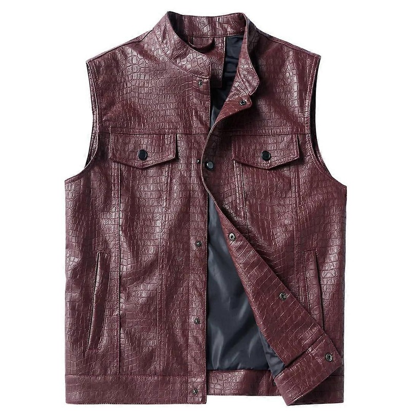 Mens Classic Multi Pocket Leather Vest Red Crocodile Effect Sleeveless PU Jacket XL for Biker Riding Style