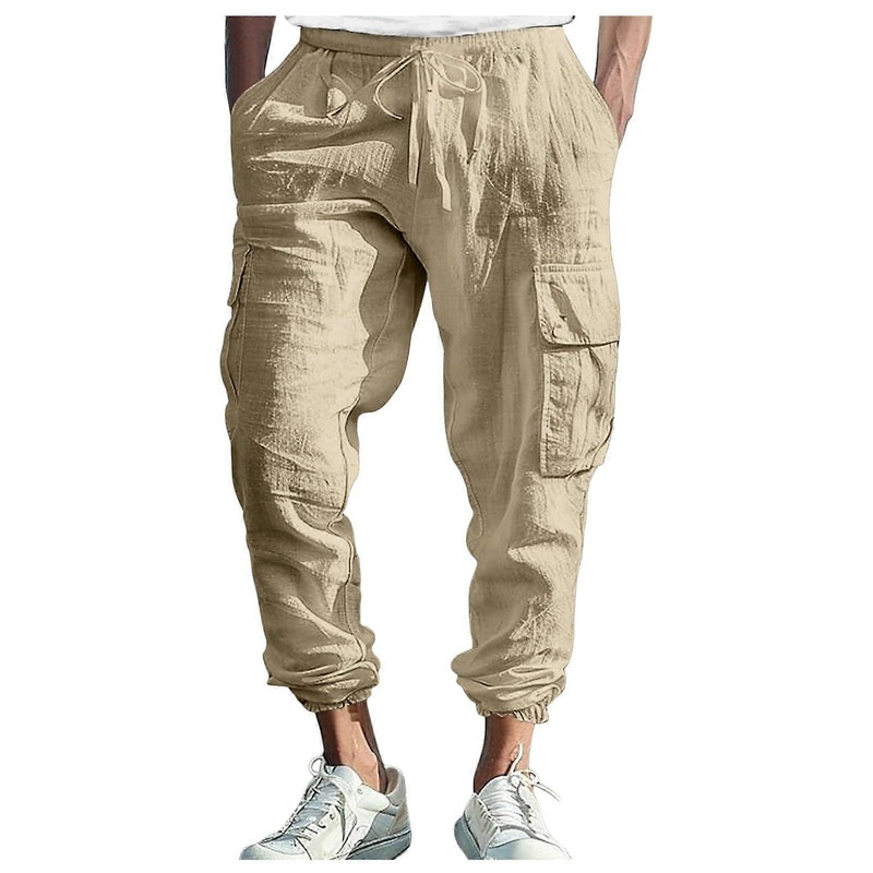 Men’s Linen Trousers, Lightweight Summer, Loose Fit, Plus Size, Stretch Jogging Beige XL