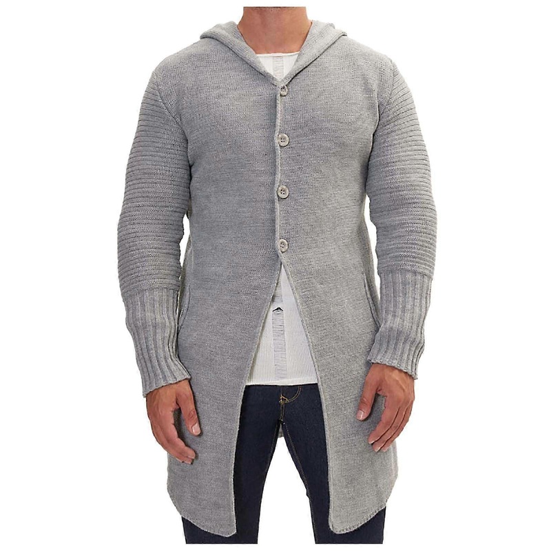 Men’s Long Cardigan Winter Coat with Hood Button Front Jacket Gray M
