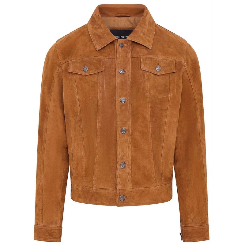 Mens Tan Goat Suede Jeans Jacket Trucker Casual Denim Leather Shirt