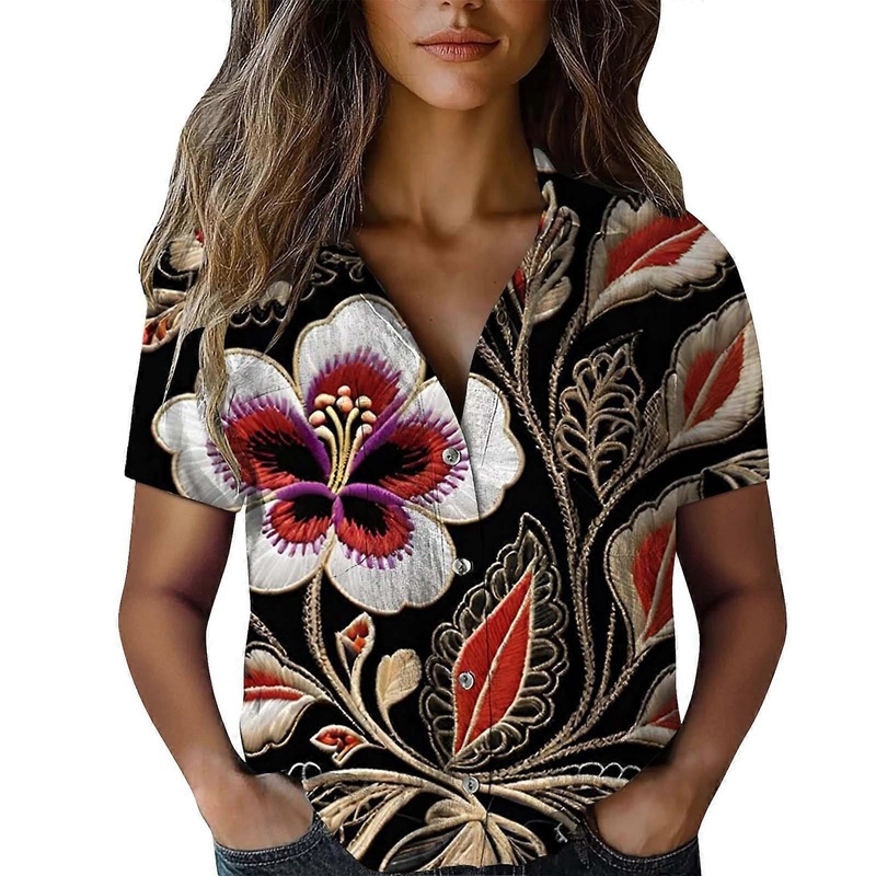 Women’s Retro Floral Print Short Sleeved Shirt