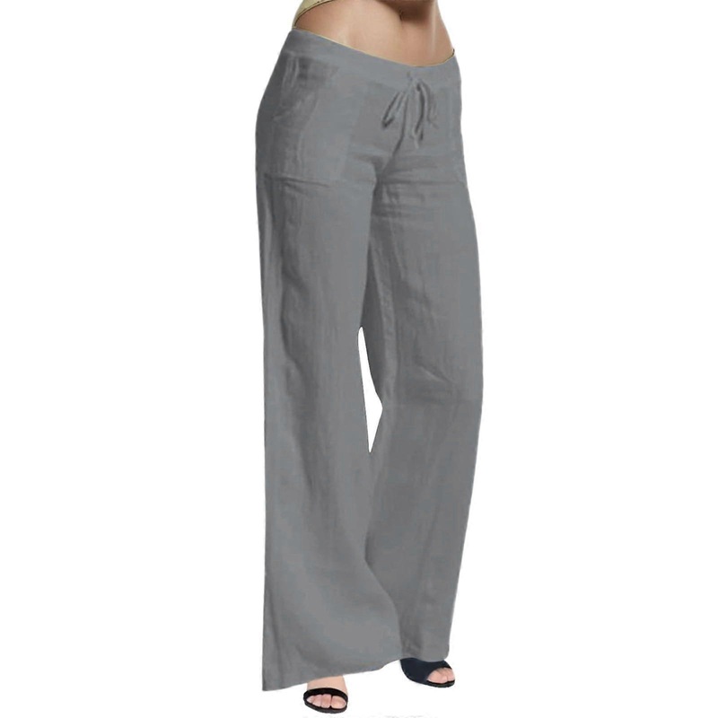 Casual High-Waisted Gray Pants for Women with Elastic Cuffs and Drawstring Waist, Long Wide-Leg Trousers, Size L