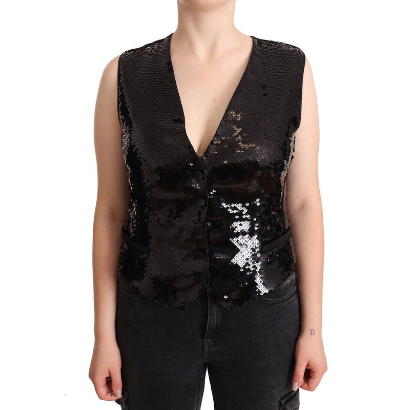 Dolce & Gabbana Black Sequin V-neck Sleeveless Vest Tank Top
