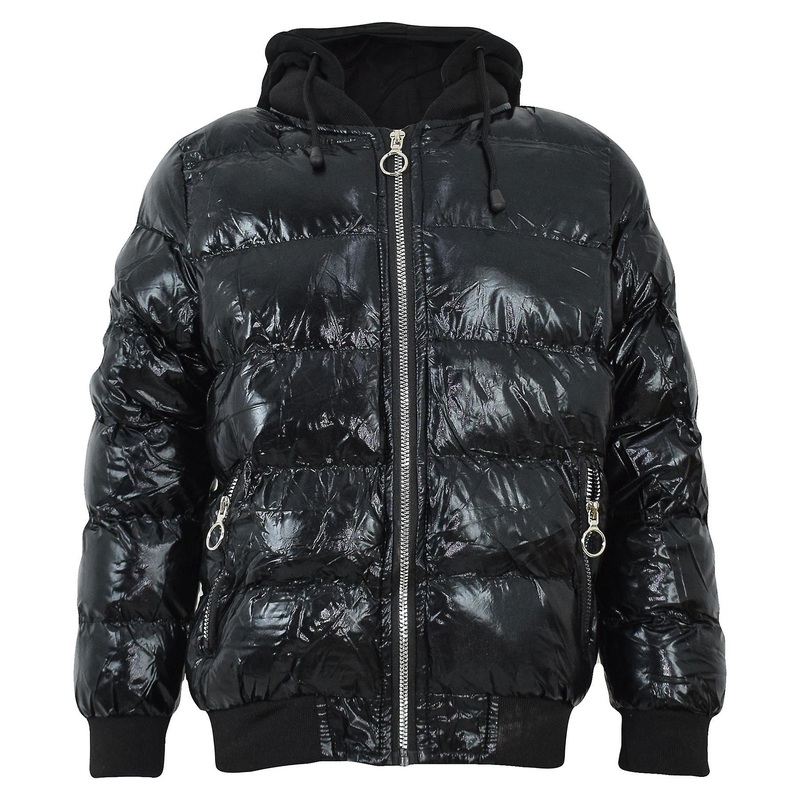 Unisex Black Padded Jacket Metallic Wet Look Bubble Coat
