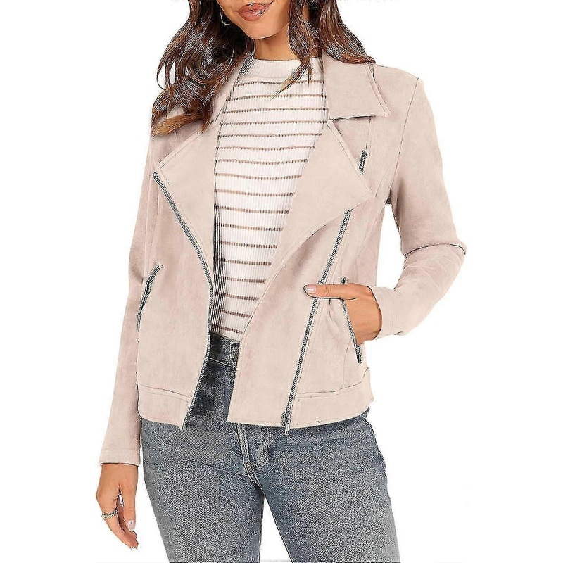 Women’s 2023 Fall Faux Suede Biker Moto Jacket Fashion Long Sleeve Zipper Short Casual Coats With Pockets