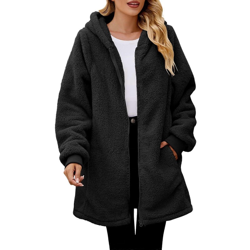Teddy Fleece Jacket Women’s Black XL Long Zip Hoodie with Hood, Winter Plush Outdoor Coat with Pockets